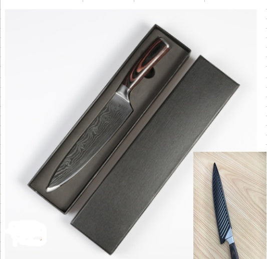 Shopi Vella multipurpose chef slicing knife with patterned blade and wooden handle in black gift box