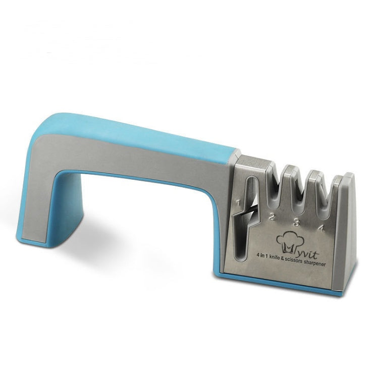 Shopi Vella four-in-one kitchen knife sharpener with blue handle and multiple sharpening slots