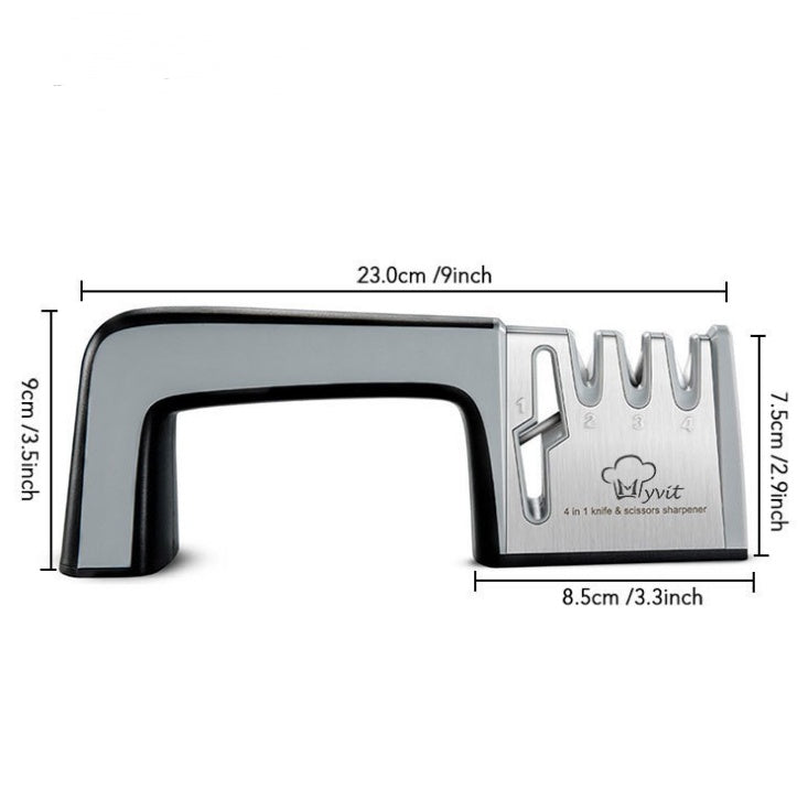 Shopi Vella four-in-one kitchen knife sharpener with ergonomic handle and stainless steel slots for knives and scissors