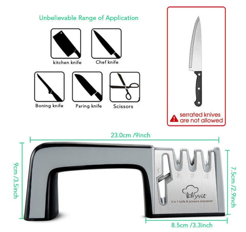 Shopi Vella four-in-one kitchen knife sharpener with slots for kitchen, chef, boning, paring knives and scissors