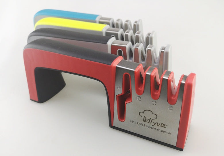 Shopi Vella four-in-one kitchen knife sharpener with red handle and multiple sharpening slots