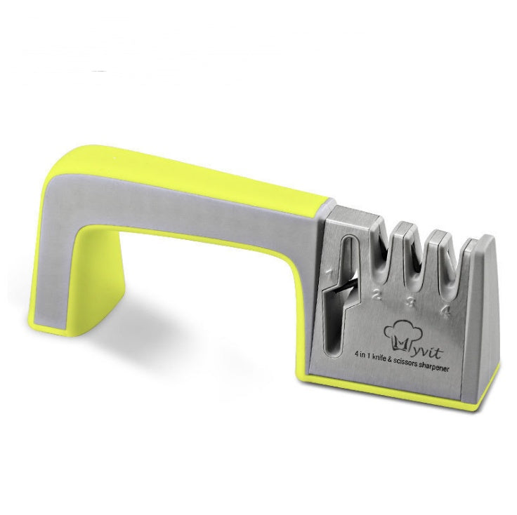 Shopi Vella four-in-one kitchen knife sharpener with ergonomic yellow and gray handle
