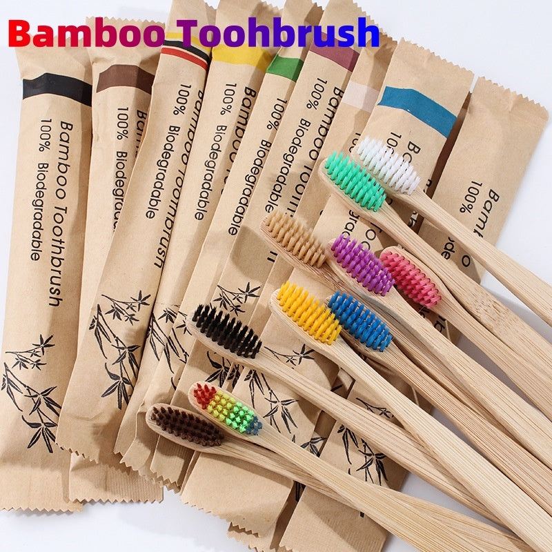 Natural bamboo toothbrushes soft bristle with colorful heads and biodegradable packaging