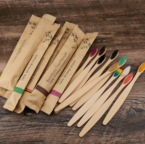 Shopi Vella natural bamboo toothbrushes soft bristle with colorful bristles and eco-friendly packaging