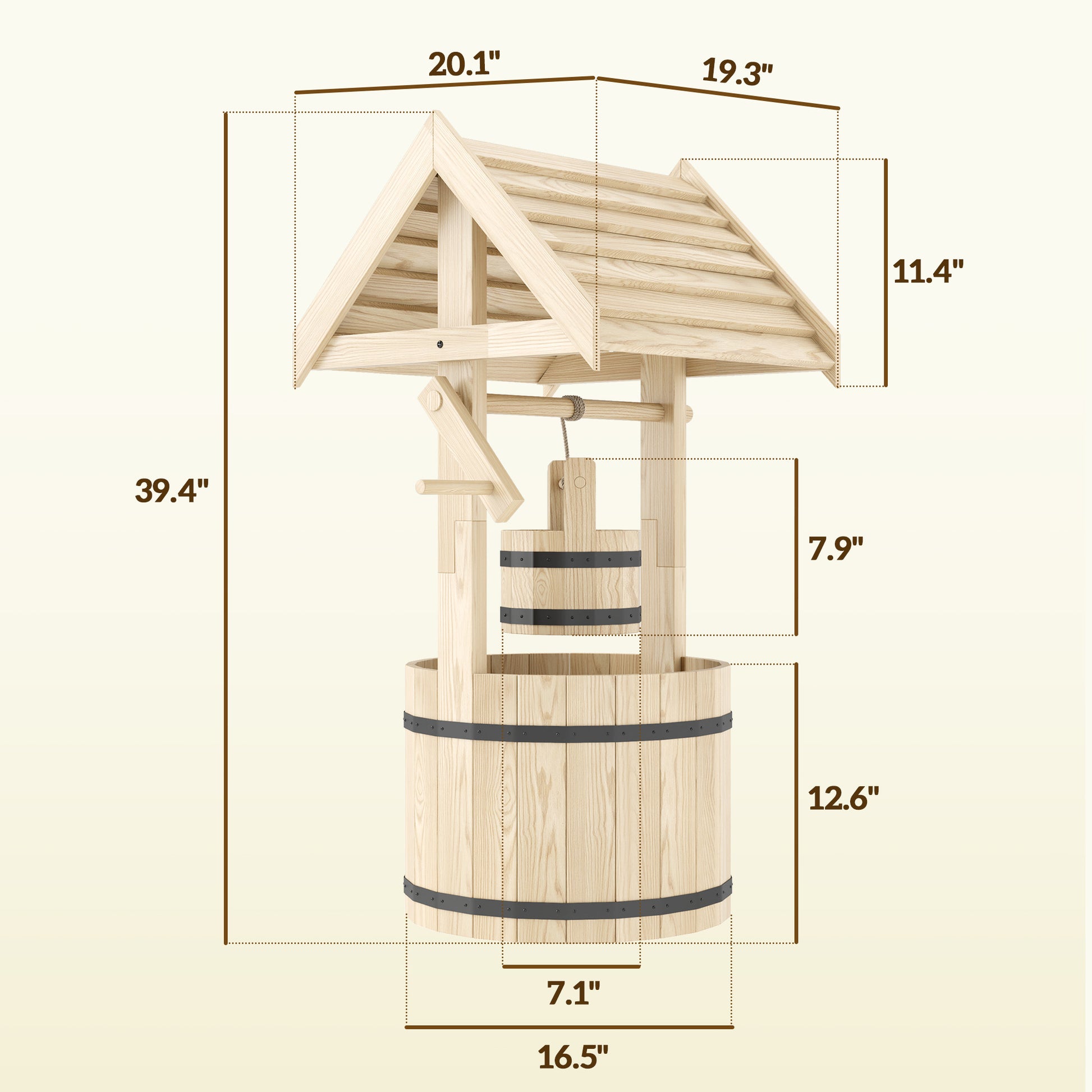 Natural wood garden planter with drain hole shaped like a decorative wishing well with measurements