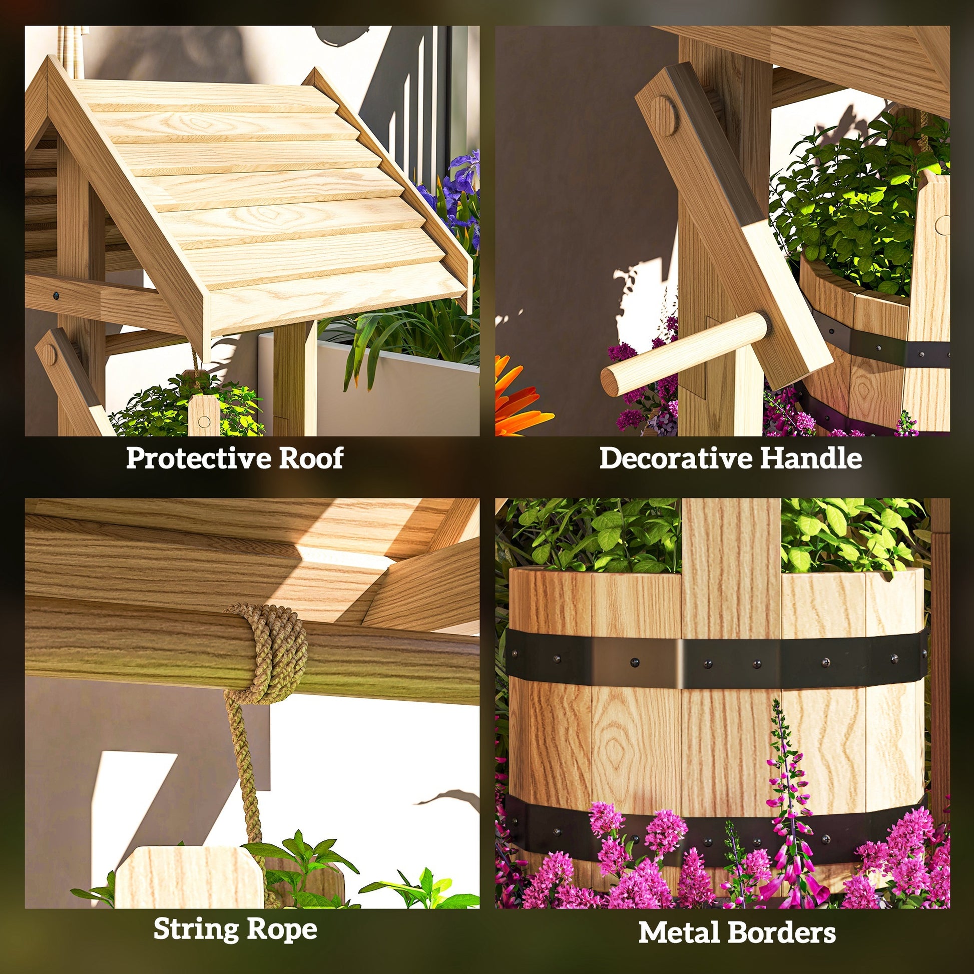 Natural wood garden planter with drain hole featuring protective roof decorative handle string rope and metal borders