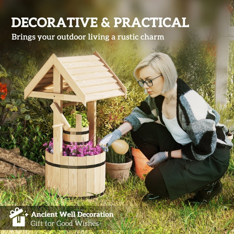Shopi Vella natural wood garden planter with drain hole designed as an ancient well decoration for outdoor use