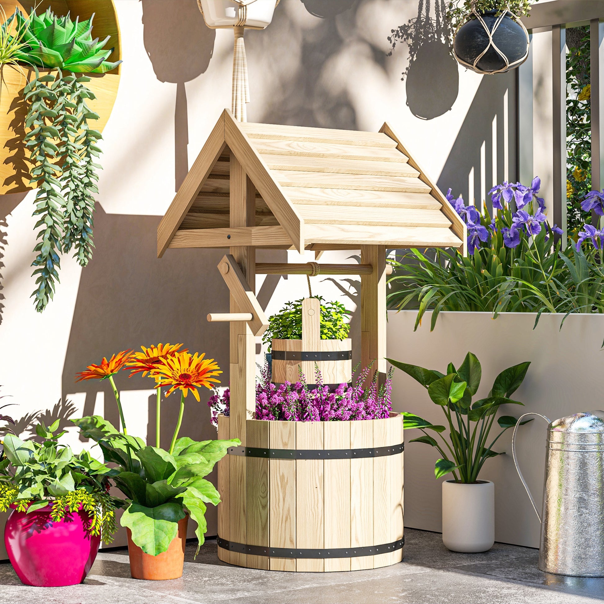 Shopi Vella natural wood garden planter with drain hole designed like a decorative wishing well filled with flowers
