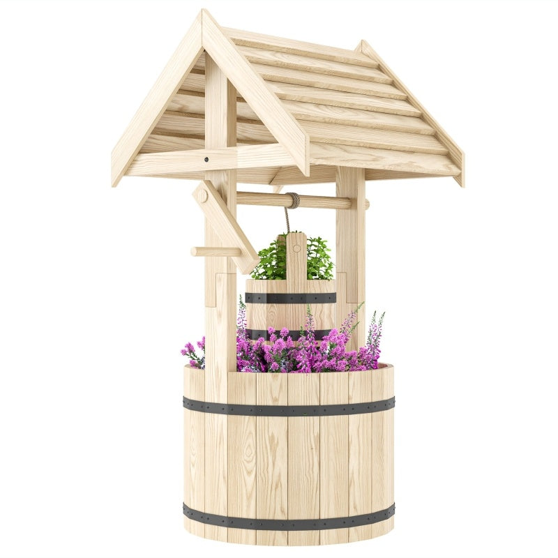 Shopi Vella natural wood garden planter with drain hole designed as a decorative wishing well planter