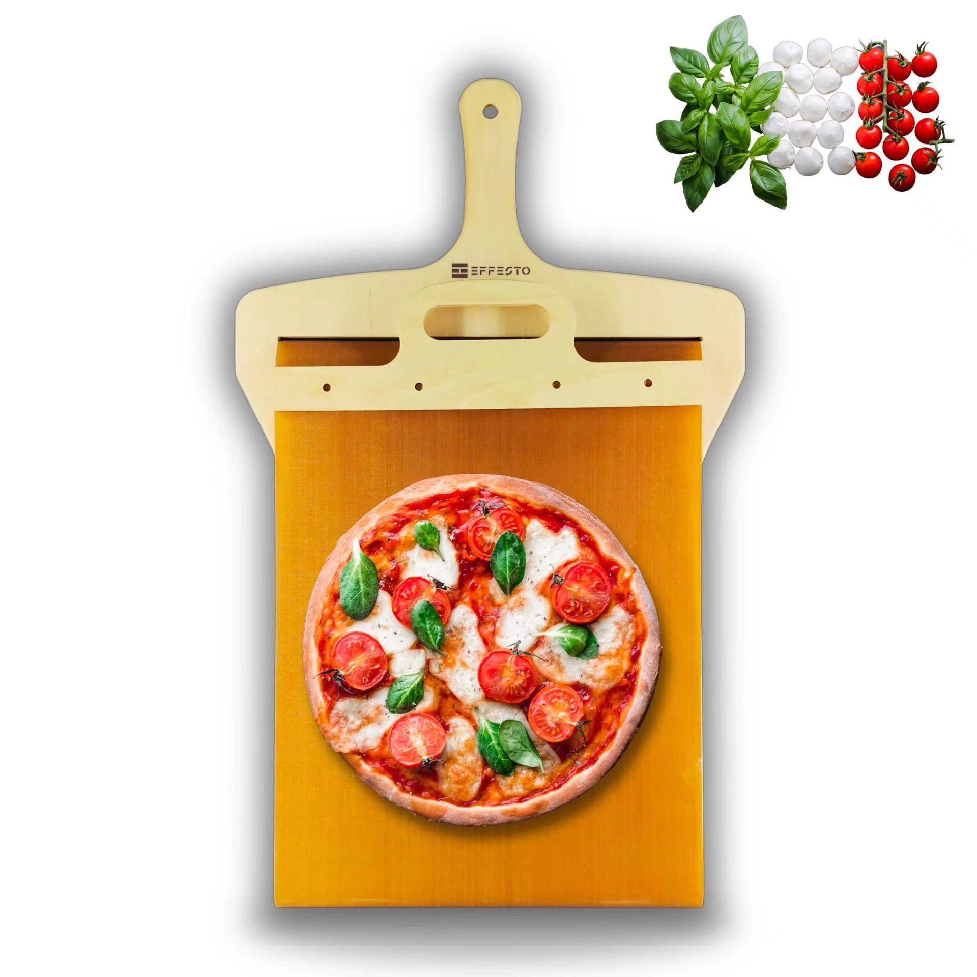 Shopi Vella non stick pizza transfer board with freshly baked pizza and fresh toppings kitchen storage tool