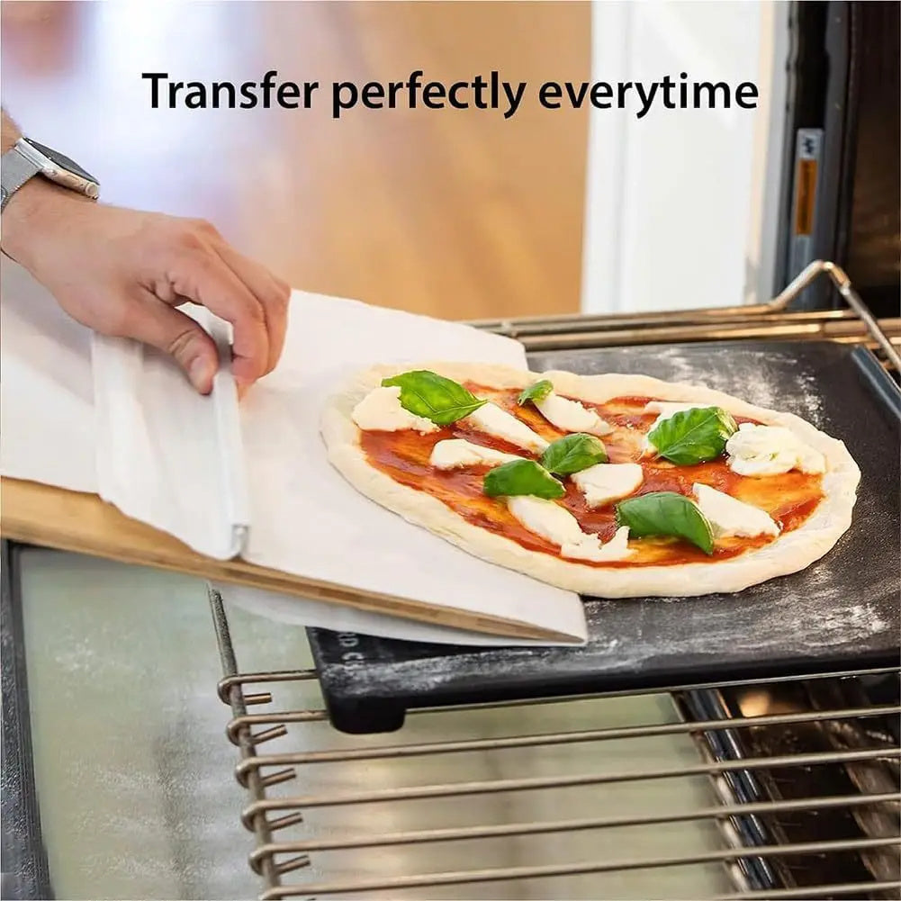 Shopi Vella non stick pizza transfer board used to slide a pizza into an oven easily