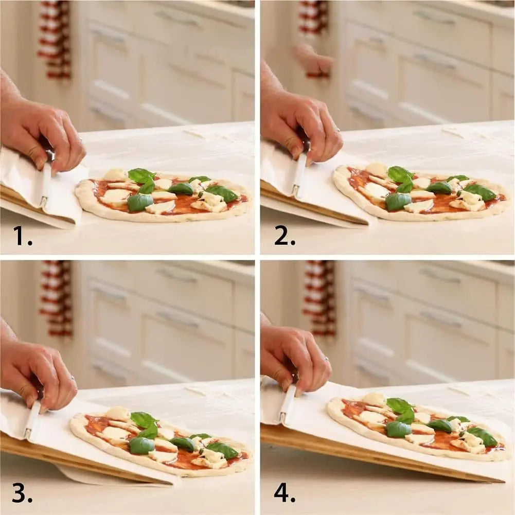 Shopi Vella non stick pizza transfer board used to slide a pizza with toppings onto a baking surface in a kitchen