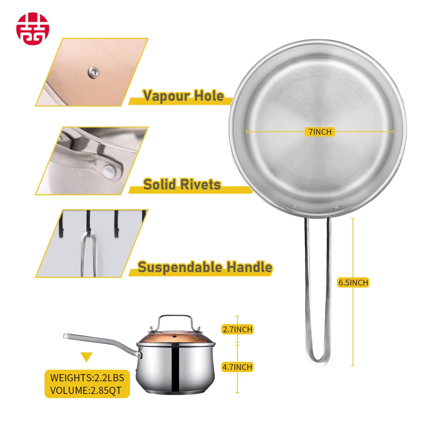 Shopi Vella non-stick stainless steel saucepan with vapour hole solid rivets and suspendable handle