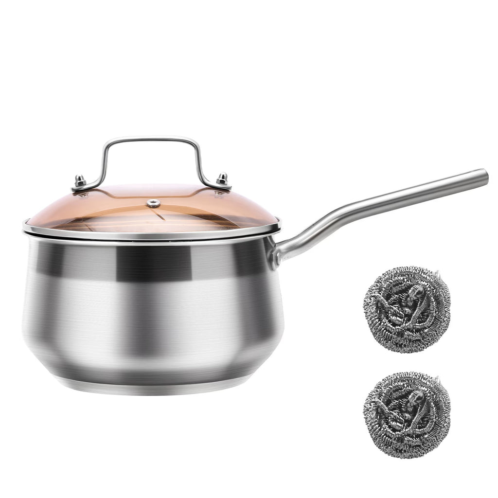 Shopi Vella non-stick stainless steel saucepan with glass lid and cleaning scrubbers for cooking