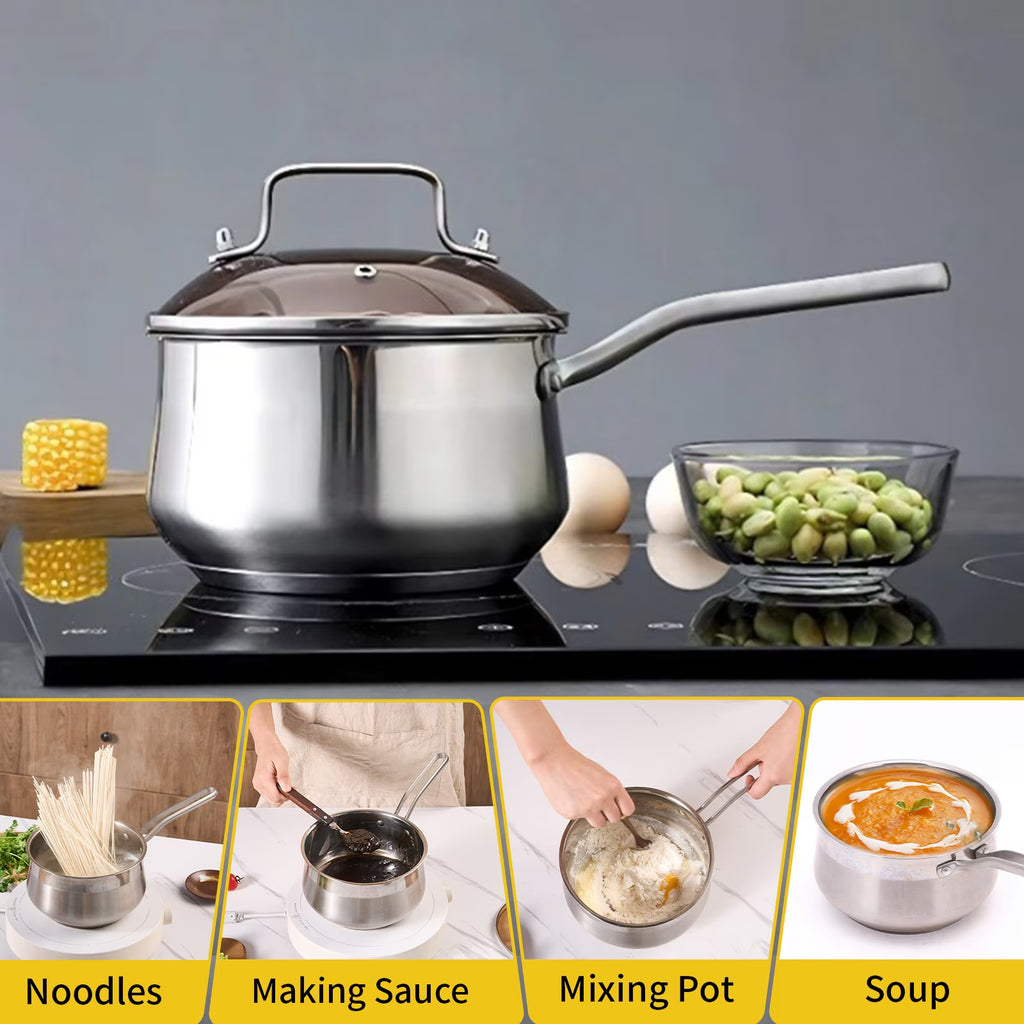 Shopi Vella non-stick stainless steel saucepan with glass lid on stovetop for cooking noodles sauce soup