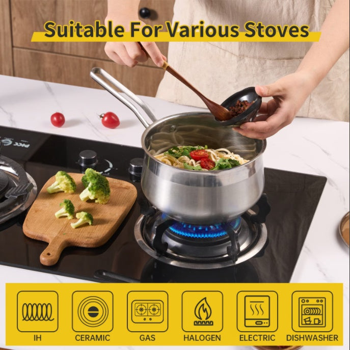 Shopi Vella non-stick stainless steel saucepan cooking vegetables on a gas stove with wooden spoon