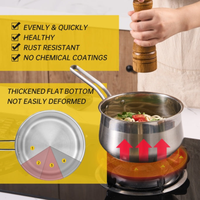 Shopi Vella non-stick stainless steel saucepan on stove with food and hand seasoning
