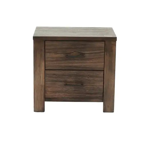 Square oak finish nightstand with two drawers and a rustic wooden texture