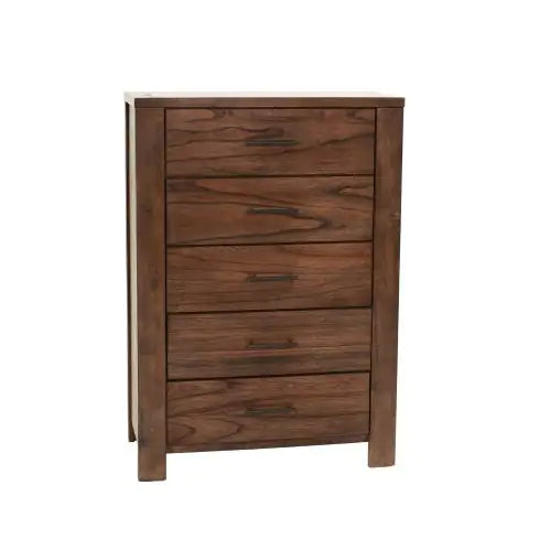 Tall oak finish nightstand with five drawers and metal handles for bedroom storage
