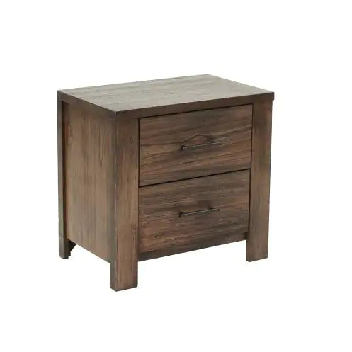 Two drawer oak finish nightstand with metal handles and sturdy wooden legs