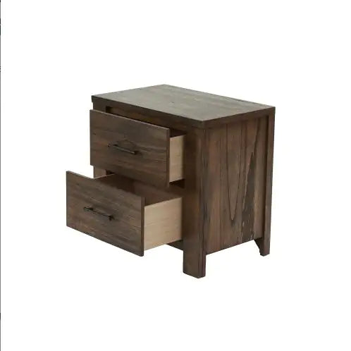 Oak finish nightstand with two open drawers and metal handles in dark wood tone
