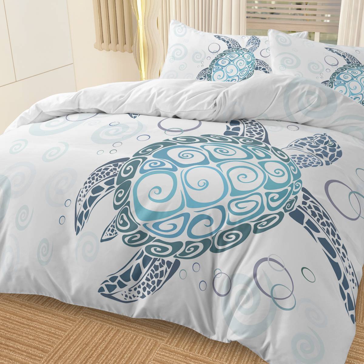 Shopi Vella ocean themed comforter cover with blue and teal sea turtle design on white bedding set