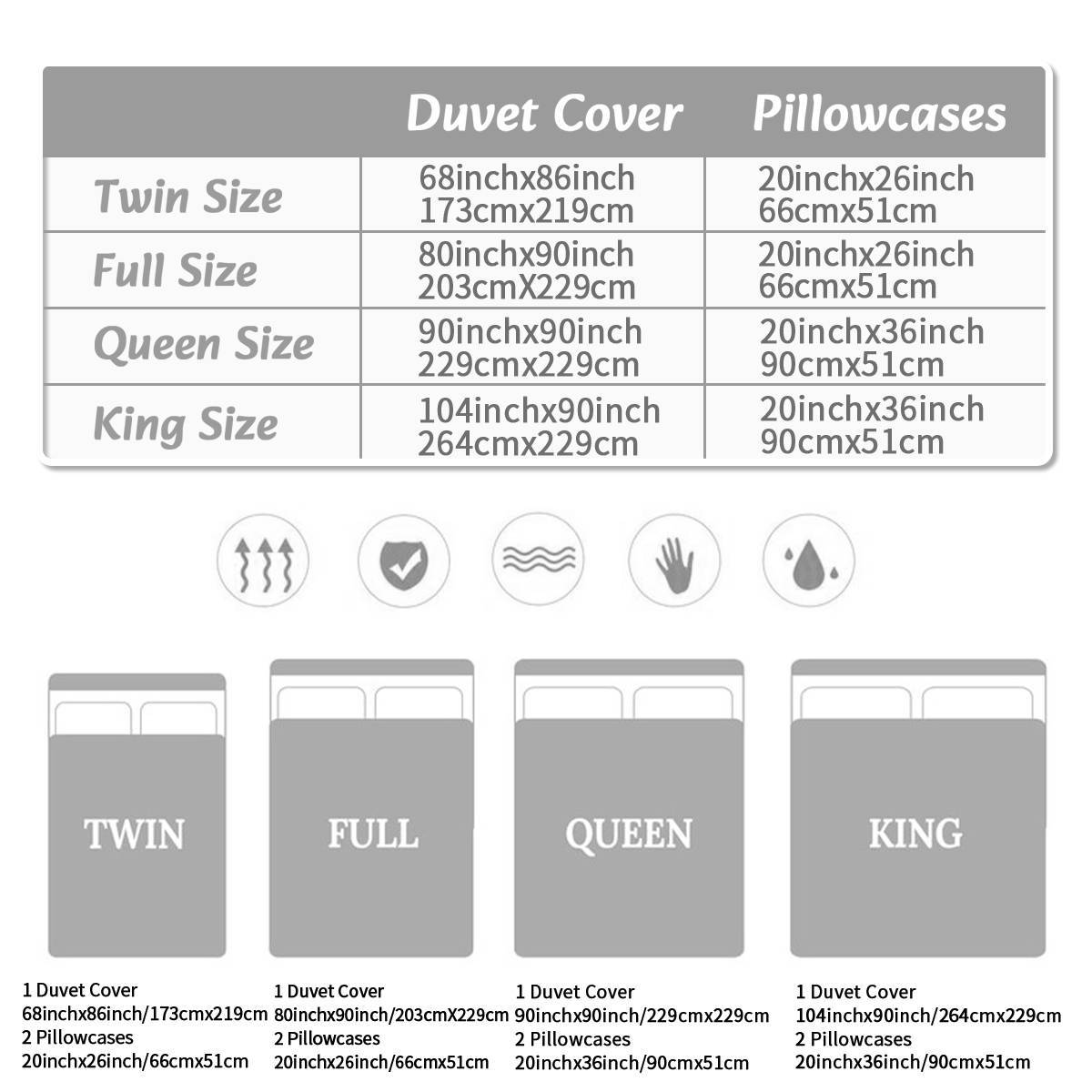 Shopi Vella ocean themed comforter cover bedding set size chart with duvet and pillowcase dimensions