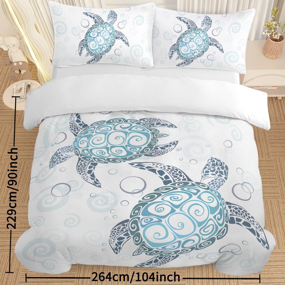 Shopi Vella ocean themed comforter cover with blue sea turtles and swirl patterns on white bedding set