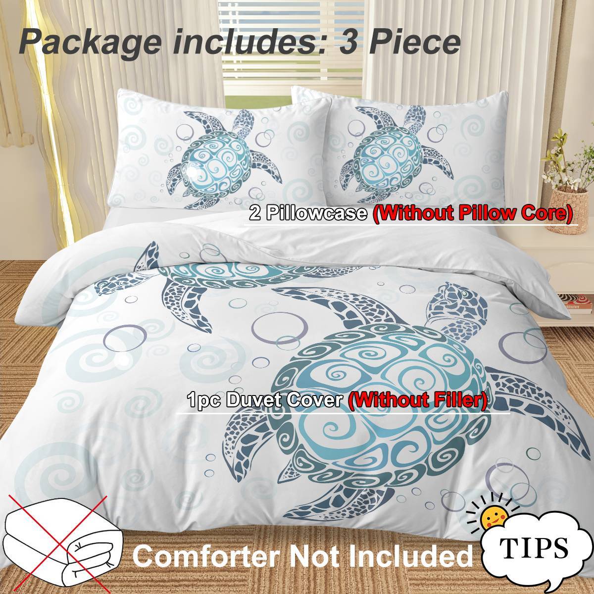 Shopi Vella ocean themed comforter cover set with sea turtle design including two pillowcases and one duvet cover