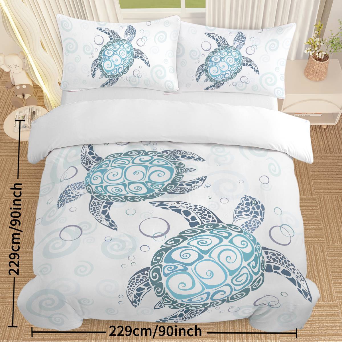 Shopi Vella ocean themed comforter cover with blue sea turtle design on white bedding set