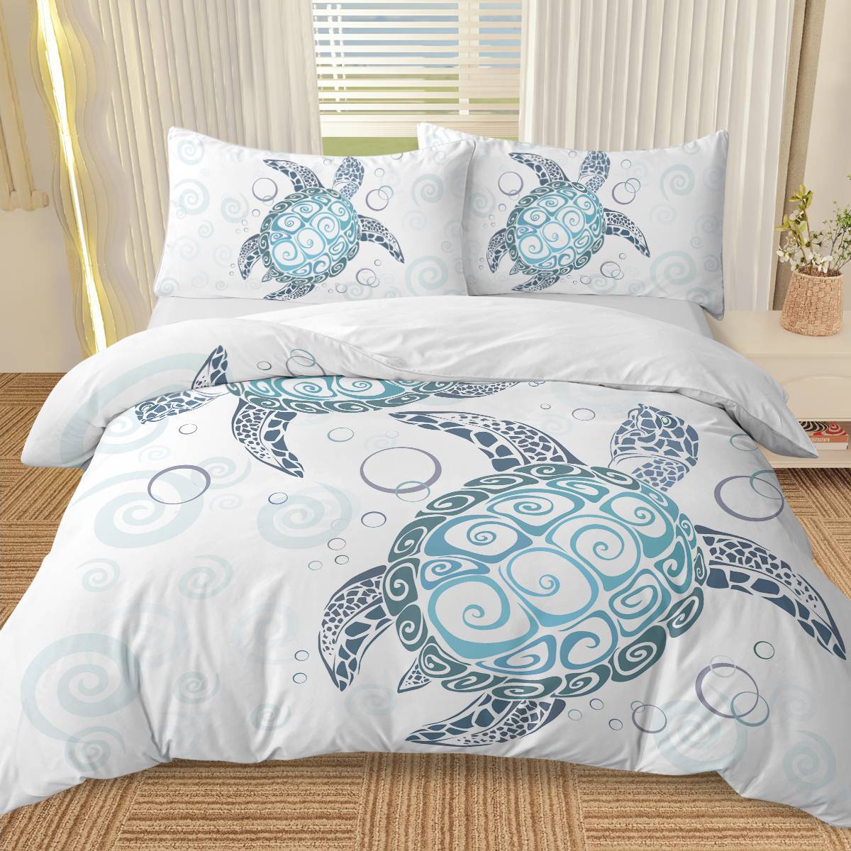 Shopi Vella ocean themed comforter cover with blue sea turtle designs on white bedding set