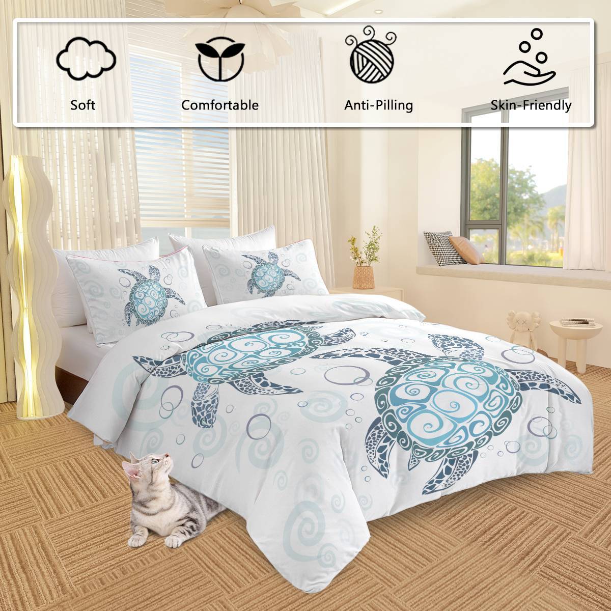 Shopi Vella ocean themed comforter cover with blue sea turtles on white bedding set in cozy bedroom