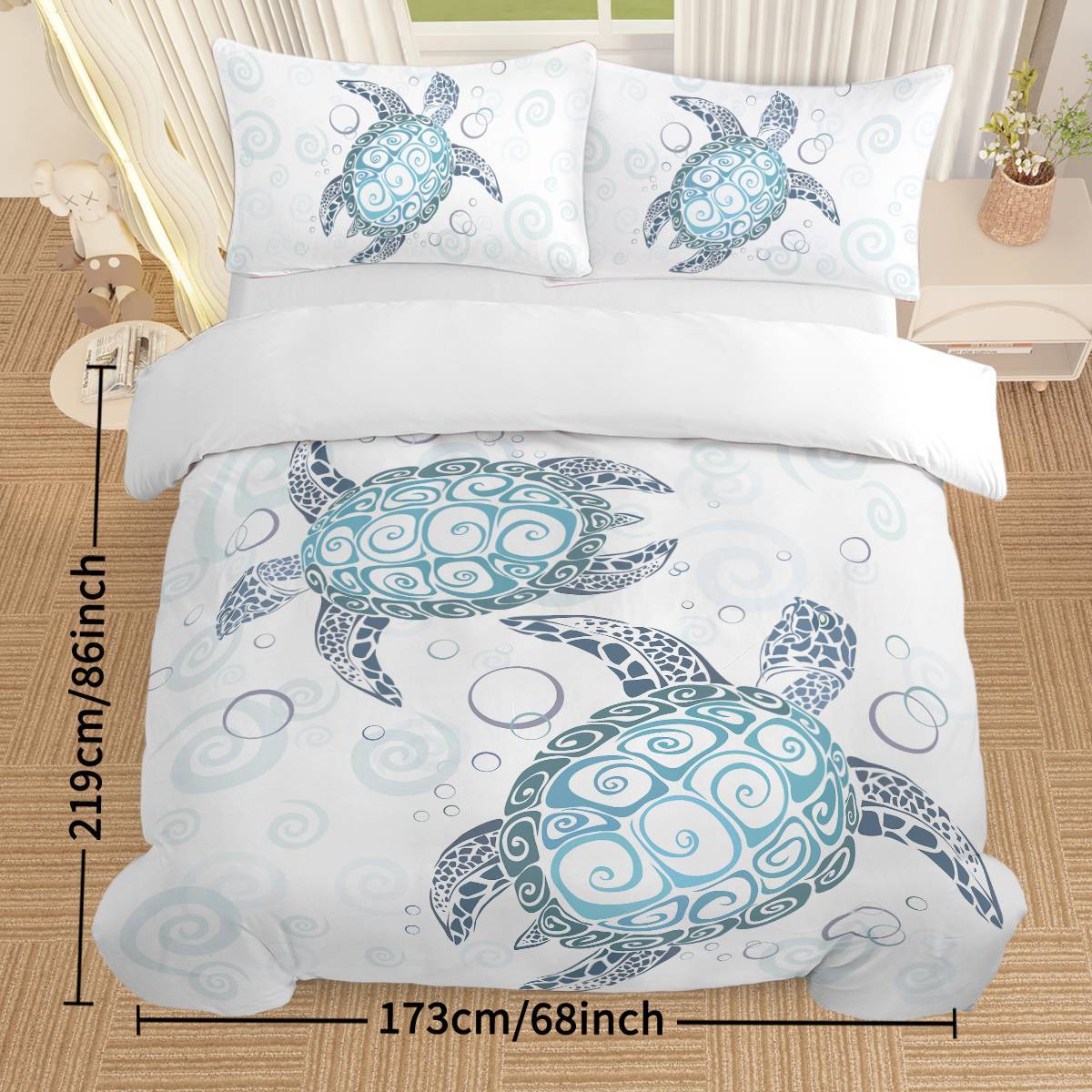 Shopi Vella ocean themed comforter cover with blue sea turtle designs on white background bedding set