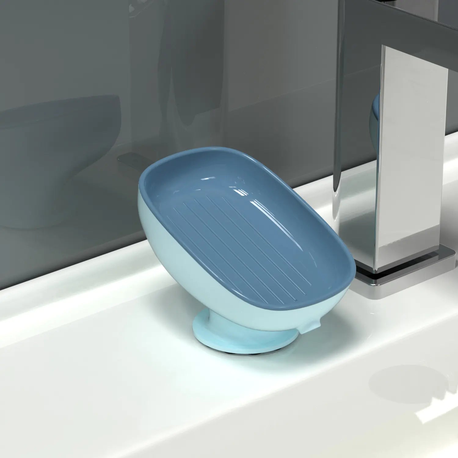 Blue octopus suction cup soap dish attached to white sink near silver faucet for bathroom use