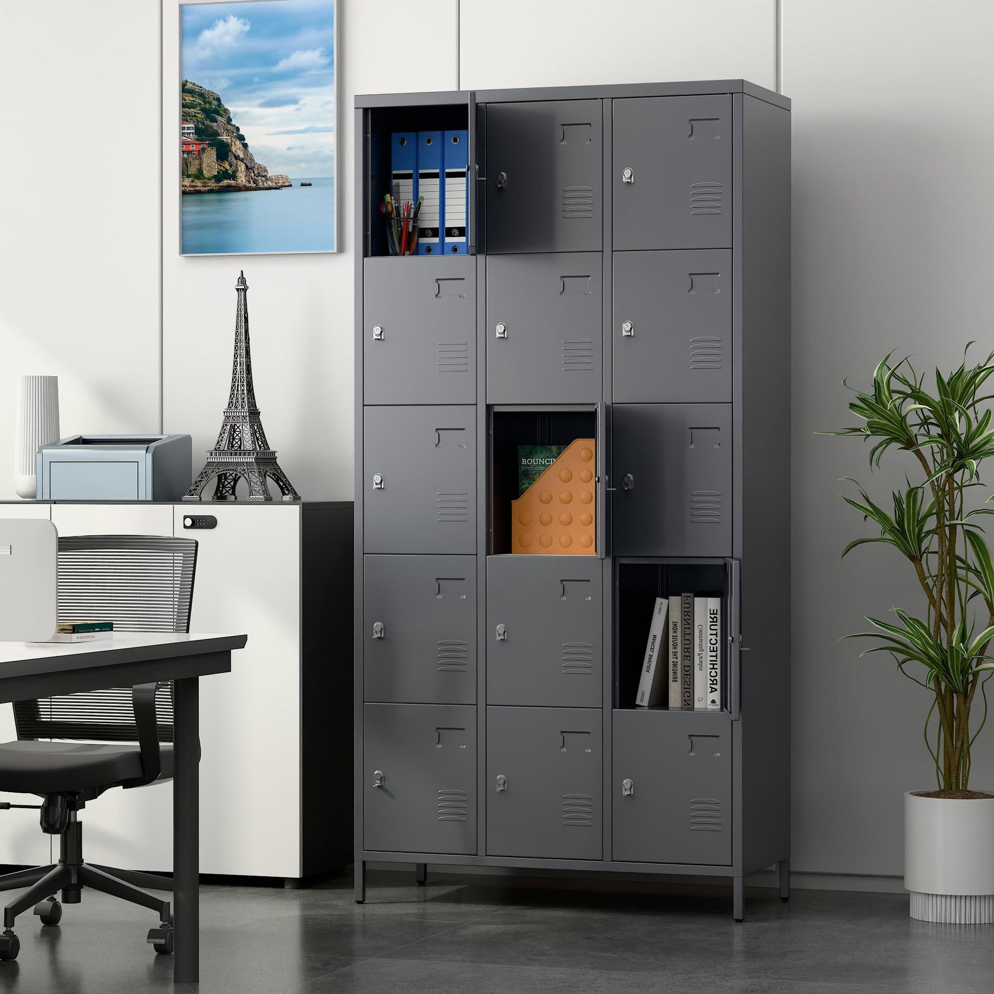 Shopi Vella gray metal employee lockers for office with secure lockable compartments in modern workspace