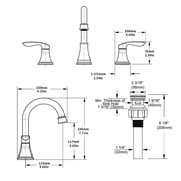 Technical drawing with dimensions of Shopi Vella oil rubbed bronze bathroom faucet components