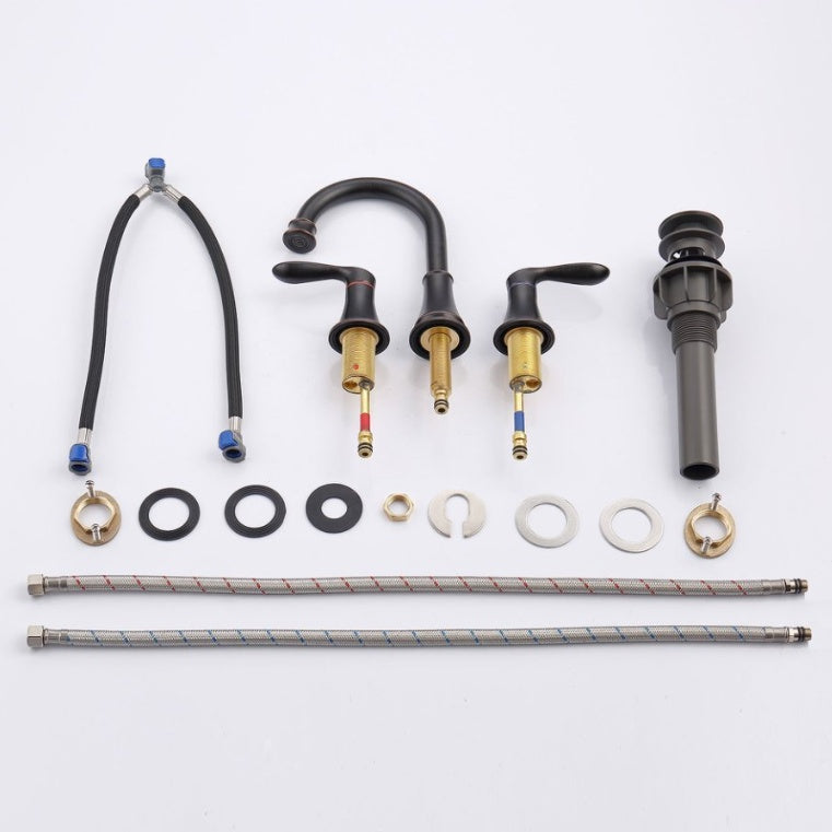 Shopi Vella oil rubbed bronze bathroom faucet set with handles, spout, hoses, and installation hardware