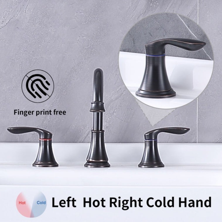 Shopi Vella oil rubbed bronze bathroom faucet with left hot and right cold handles and fingerprint free finish