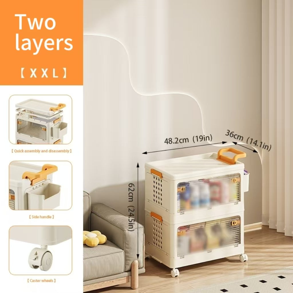 Children's folding storage cabinet with two layers and caster wheels for easy mobility in neutral room setting