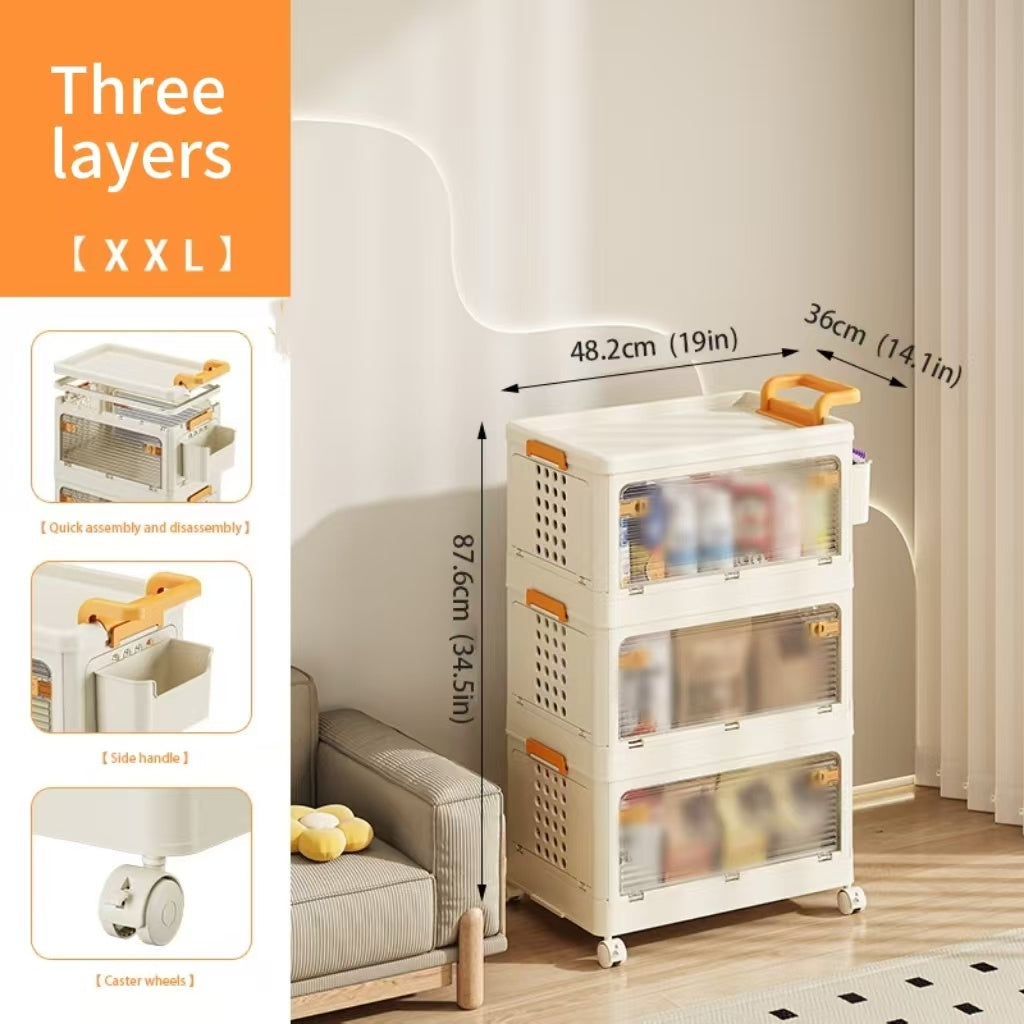 Three-layer children's folding storage cabinet with caster wheels and side handle for easy assembly and mobility
