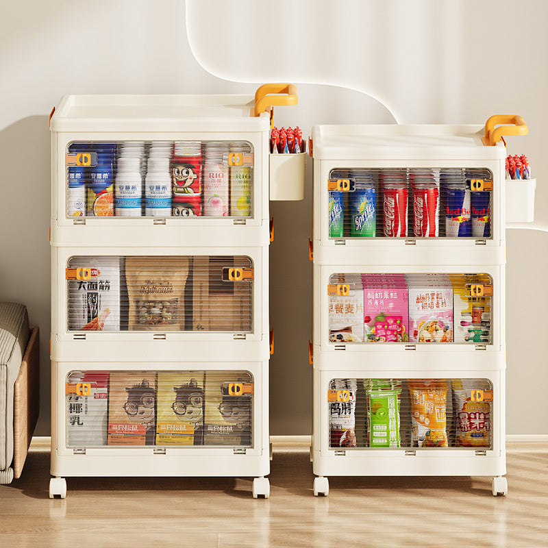 Children's folding storage cabinet by Shopi Vella with multiple compartments storing food and beverages