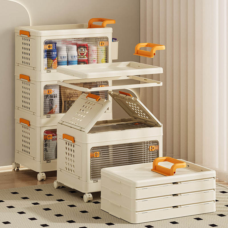 Shopi Vella children's folding storage cabinet with orange handles in cream stacked and folded options