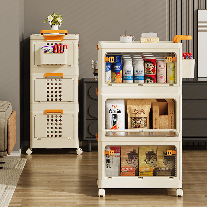 Shopi Vella children's folding storage cabinet with multiple compartments filled with snacks and beverages in a modern living room
