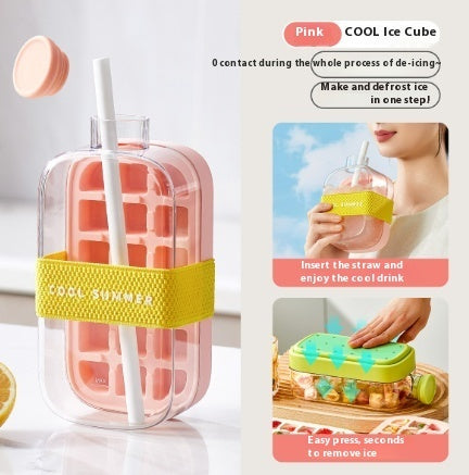Shopi Vella pink one-click molding cooling cup with yellow strap for easy ice cube making and cooling drink