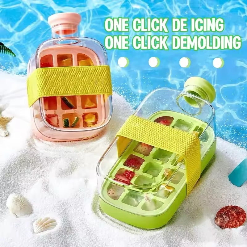 Shopi Vella one-click molding cooling cup set with silicone strap and fruit-filled ice molds for kitchen storage