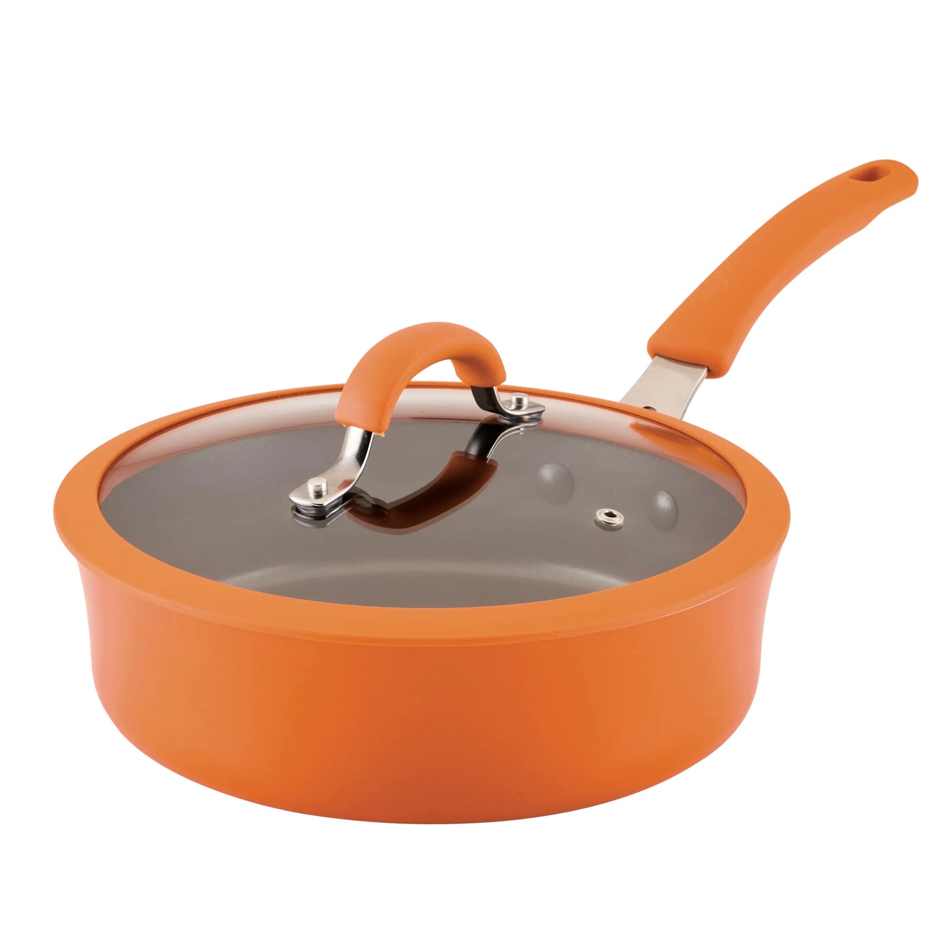 Orange 3 quart saute pan with lid and ergonomic handle for versatile cooking