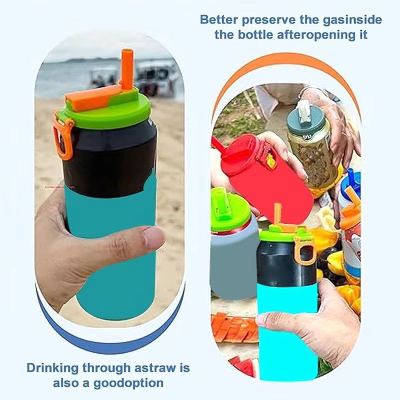 Shopi Vella reusable soda can lid with straw in green and orange for preserving soda freshness and easy drinking