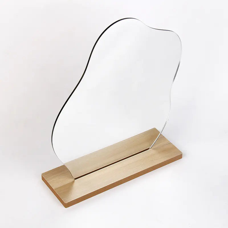 Modern wavy glass dorm decor vanity mirror with wooden base for stylish desk setup