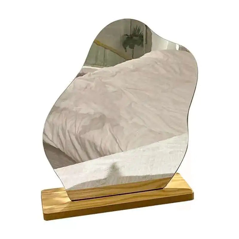 Wavy dorm decor vanity mirror with wooden base perfect for dorm room styling and personal use
