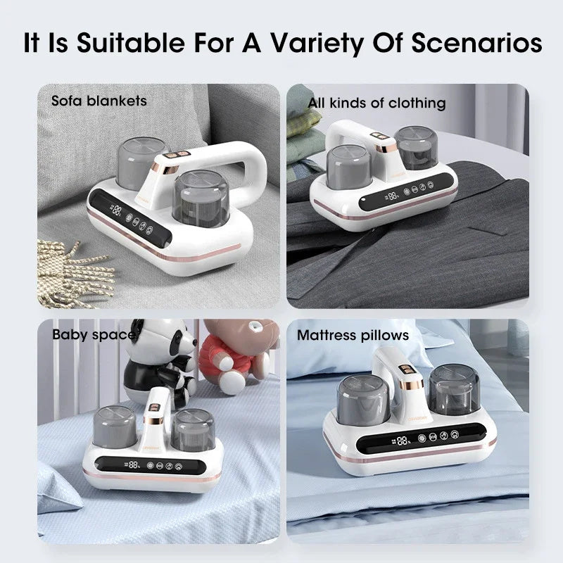 Cordless mattress vacuum cleaner by Shopi Vella used on sofa blankets, clothing, baby spaces, and mattress pillows